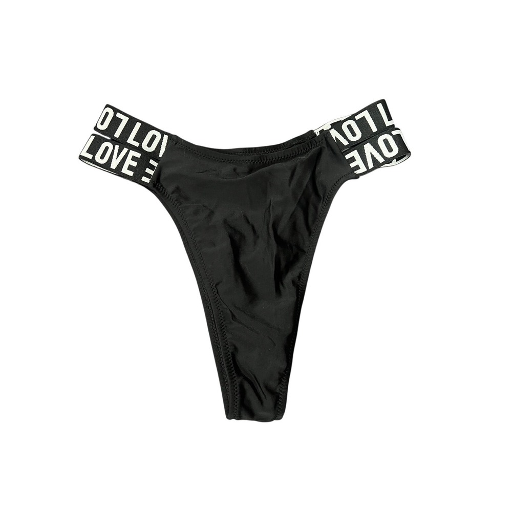 Black Cheeky Bikini Bottom LOVE‎ Elastic Waist Size S New Y2K Beach resort
